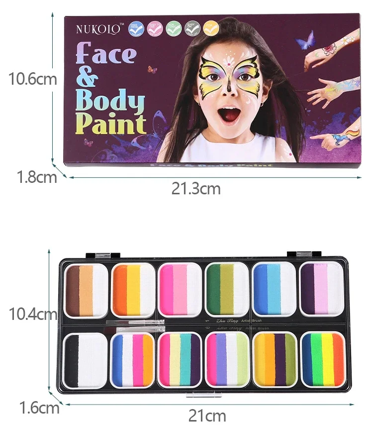 Paleta de pintura de cara dividida de arcoíris de 12 Colores para niños, Bandera de Halloween y Navidad, delineador acuático a base de agua, maquillaje de cosplay