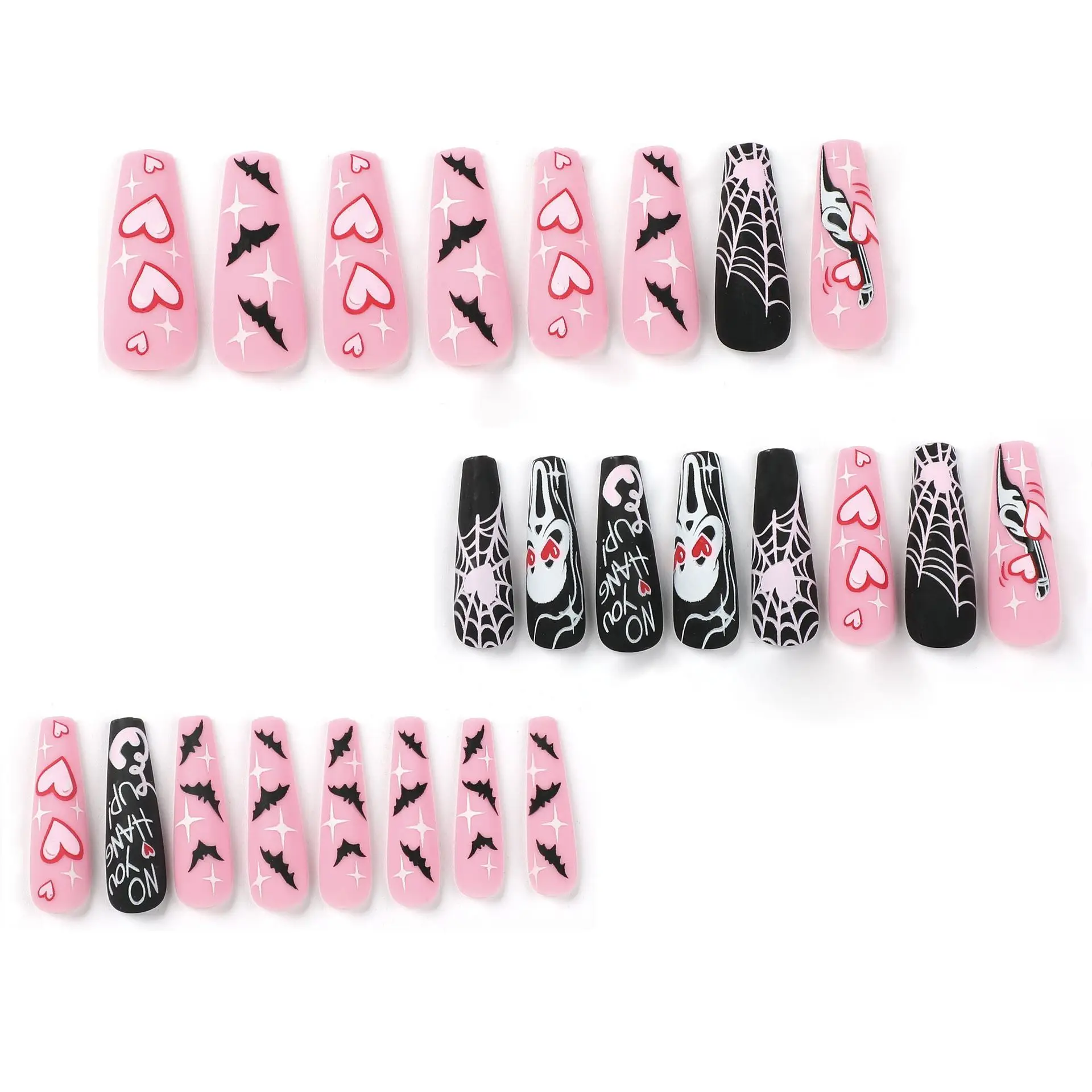 

24Pcs Long Square Press on Nails - Halloween Spider Web with White Hearts & Ghosts on Black/Pink Base