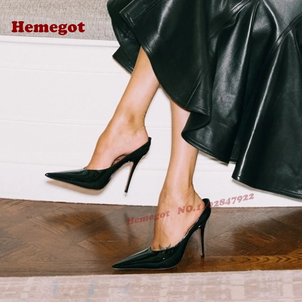 

Black Patent Stiletto Heels Slippers Pointy Toe Glossy Slip On Women's Slippers 2025 New Arrival Luxury Party Shoes Runway Sexy