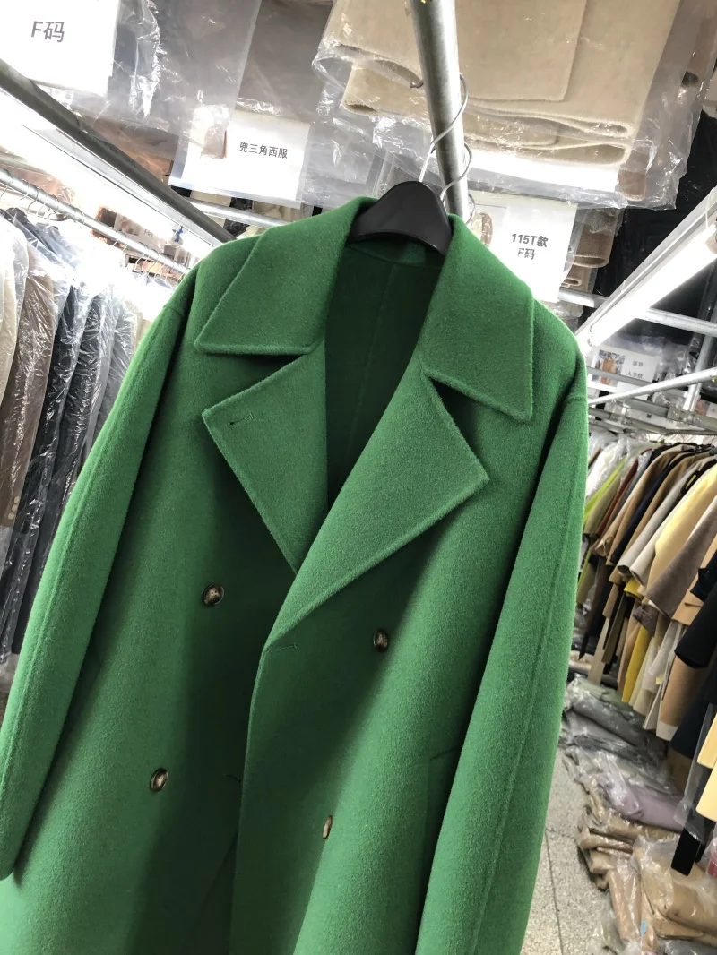 Nowy Zielony Damski Gruby Kaszmirowy Wełniany Długi Płaszcz Elegancki Sznurowany Kołnierz Dwustronny Wełniany Płaszcz Luźny Damski Jesień Zima
