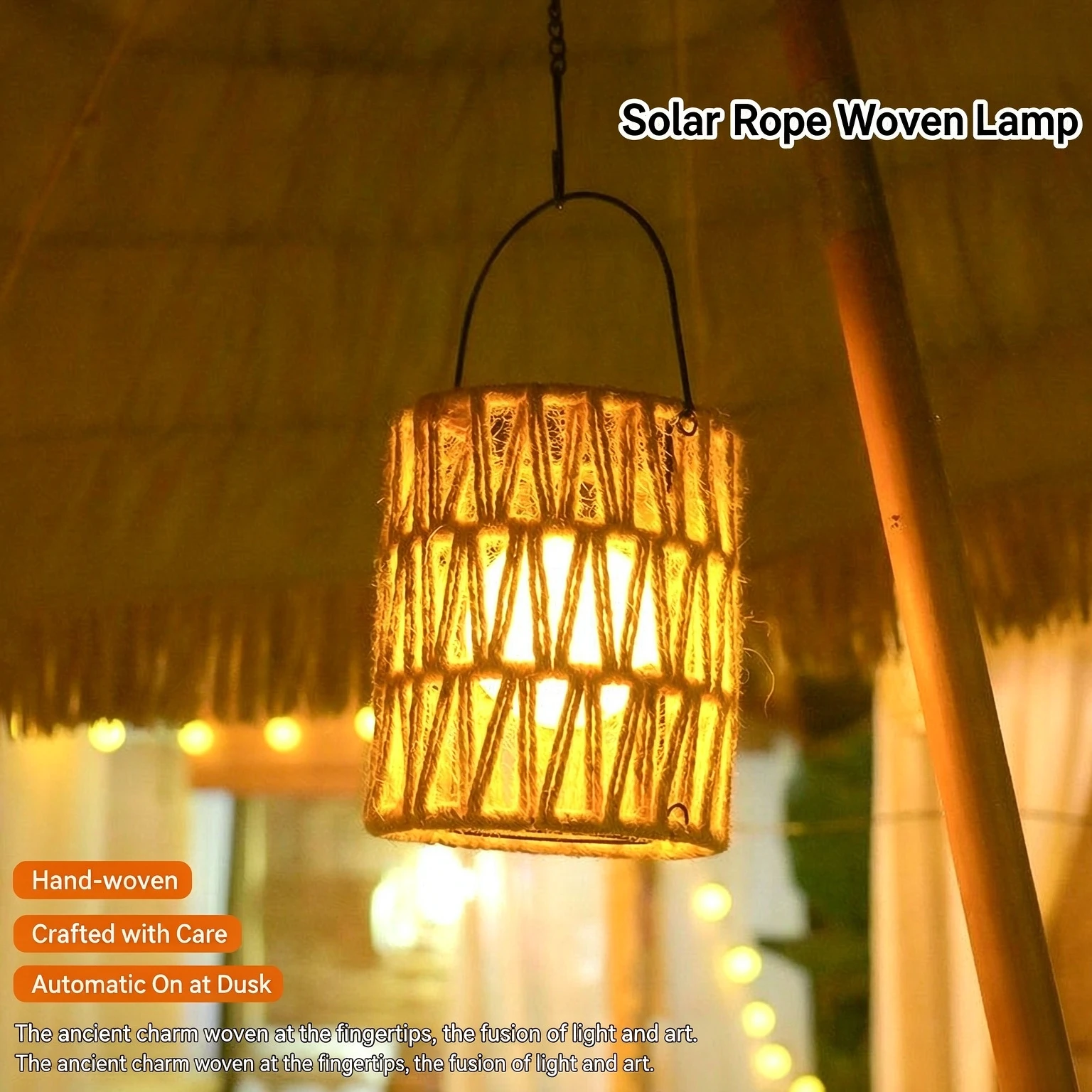 Solar Hemp Rope Woven Hanging Lantern Outdoor Waterproof LED Solar Light Auto on Night Patio Garden Balcony Decor Lamp