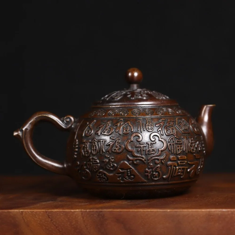 Antique Cultural Artifact: “Hundred Blessings” Relief-Carved Teapot with Handle—Home Tea Table Decoration