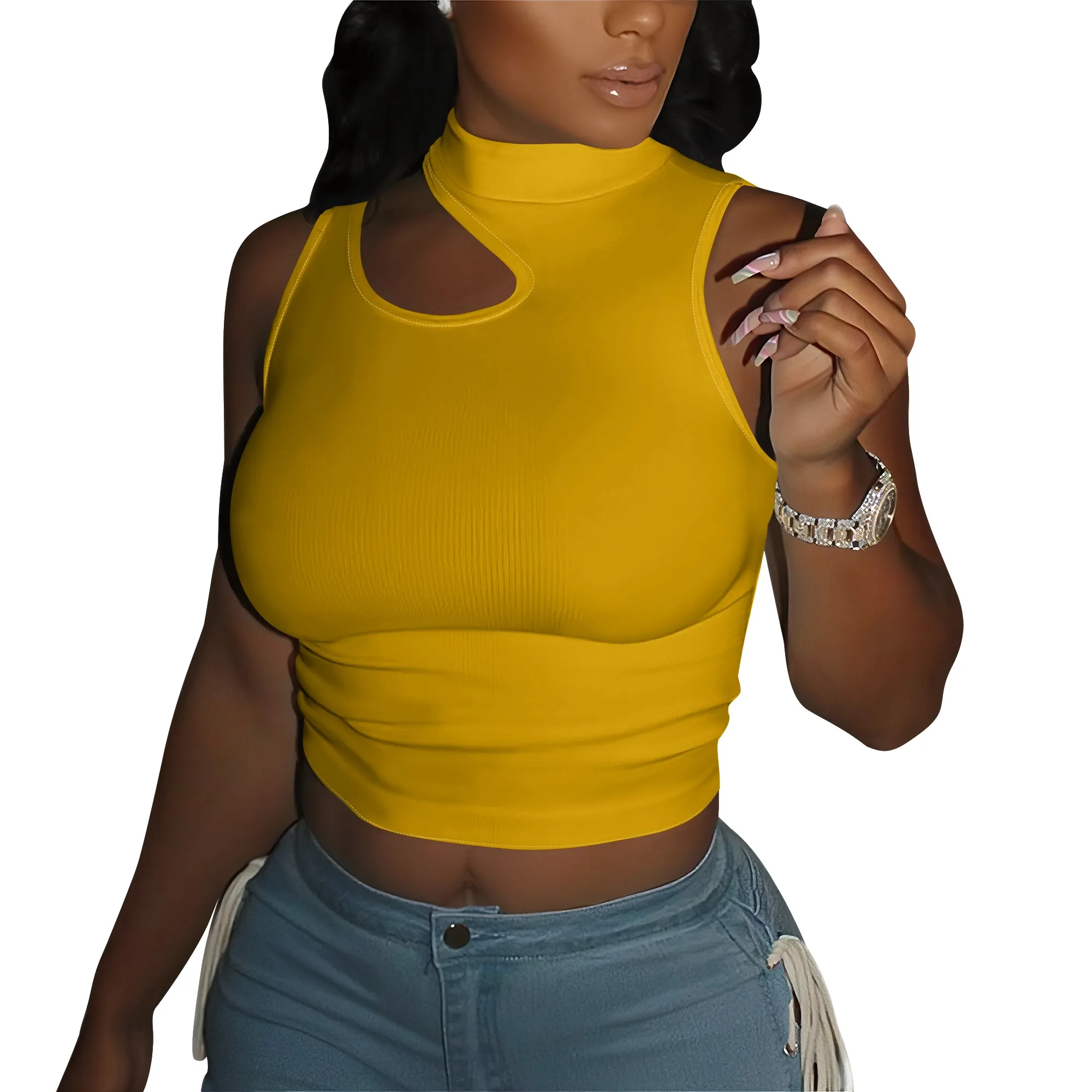 

Crop Tops for Women Sexy Cut Out Tops Mock Neck Tank Top