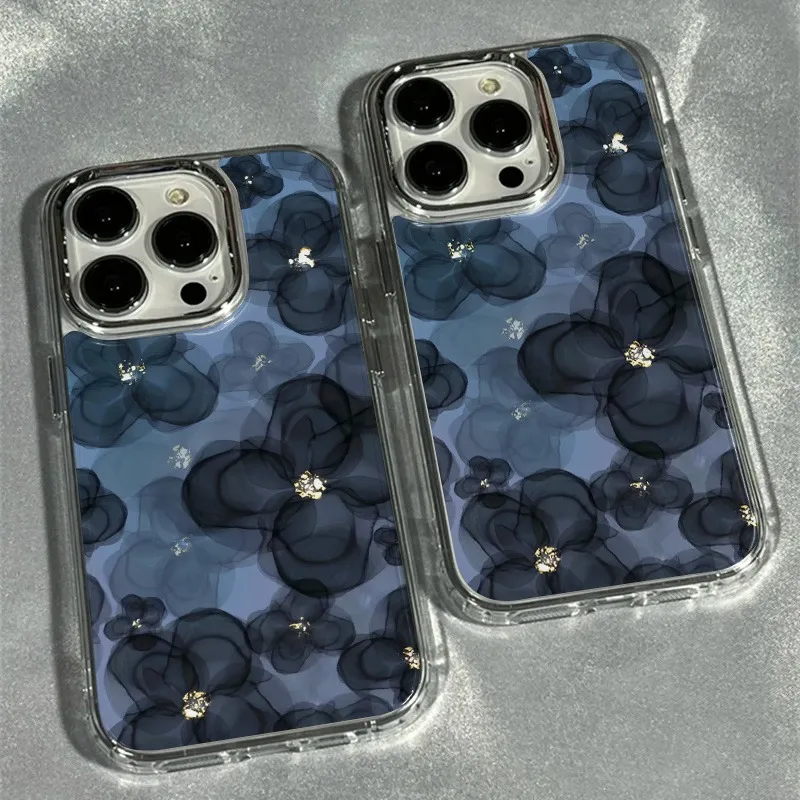 Una funda de teléfono galvanizada espacial transparente de alta gama con estampado floral azul oscuro, adecuada para iPhone 17 16Promax 15 14Plus 13 12 11, funda protectora, regalo de Navidad, regalo de Año Nuevo, regalo de Pascua, regalo de Halloween, para amigos, para la familia.