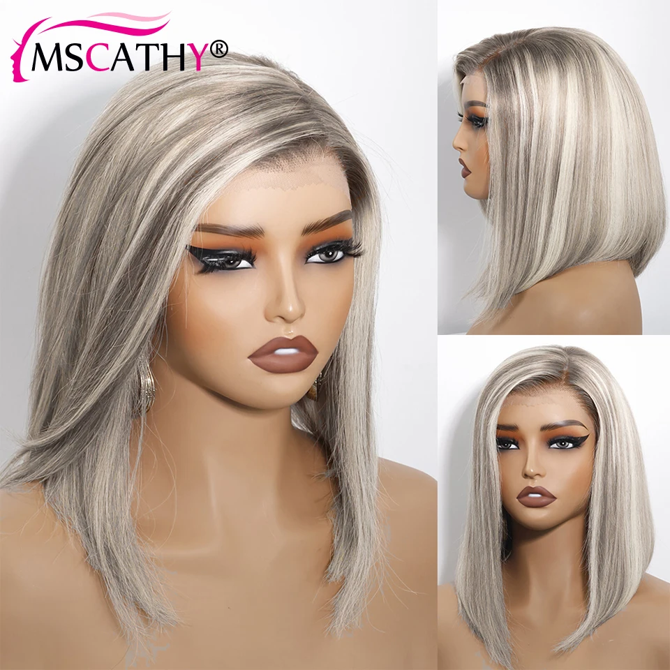 

Ash Grey Highlight Remy Human Hair Bob Wigs For Women 13x4 Glueless HD Transparent Lace Frontal Wig Preplucked 180 Short Bob Wig