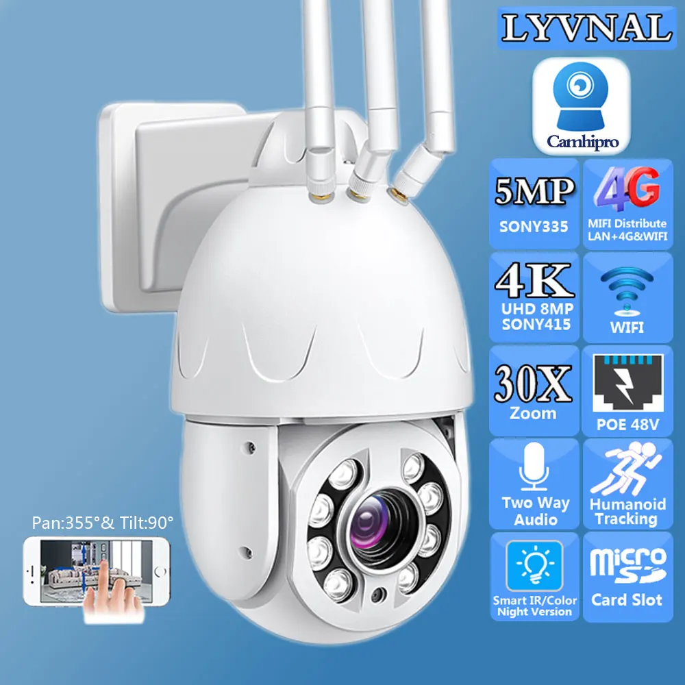 4K 8MP Wireless 4G SIM Card Security IP Camera Wifi PTZ Dome 30X Zoom 5MP POE Two Way Audio Human Tracking IR Color Night Vision