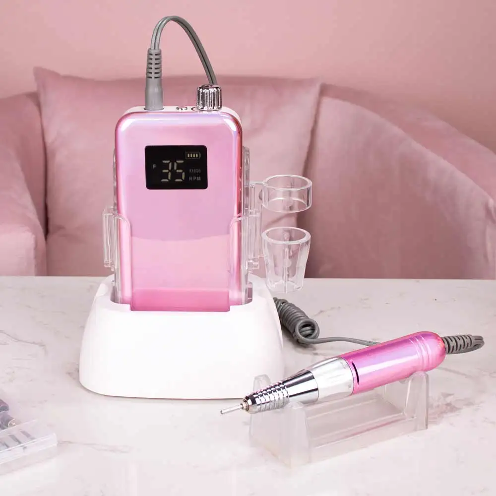 

35000RPM Cordless Nail Drill Machine with Desktop Base Small Display Screen Acrylic Electric Nail Drill Milling Plating Pink