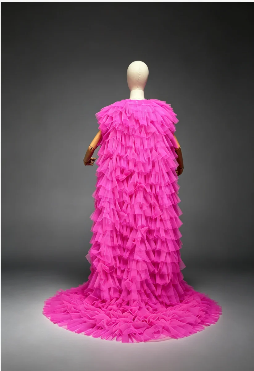 Hot Pink Ruffles Tiered Tulle Women Jacket With Short Sleeves Tulle Jacket Vest Women Outfit Outwear Coat custom color