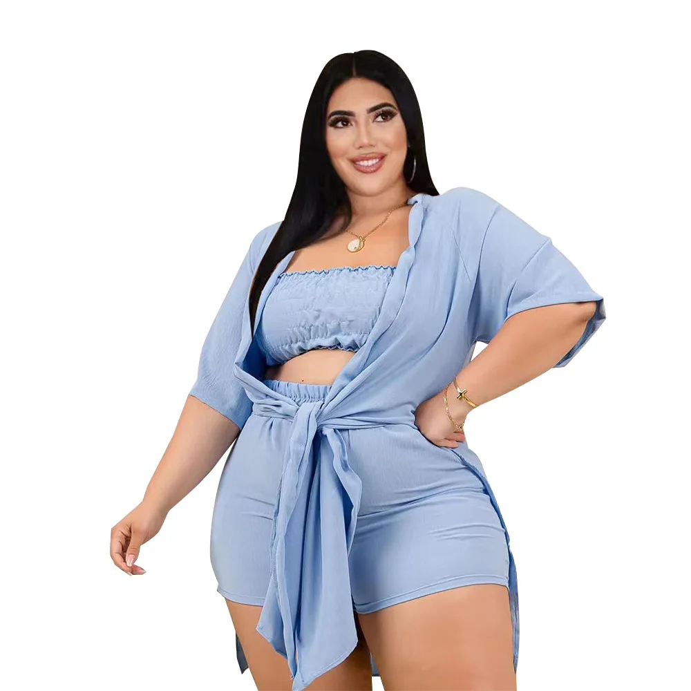 2022 Elegant Solid Color Lace Up Summer Outfits Women Sexy Tube Top Plus Size Three Piece Short Sets Wholesale Dropshipping