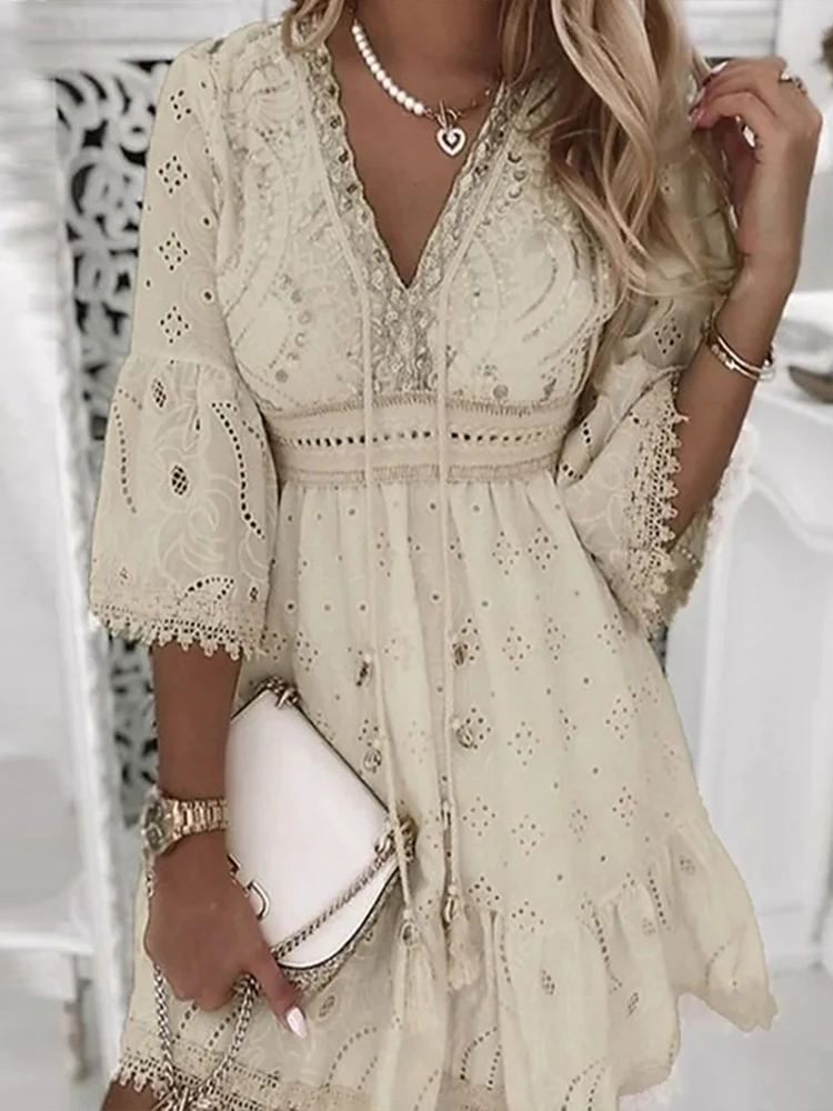 Summer Boho Dress Women Beach Sundress Fashion Embroidery Hollow Out Lace Up Mini Dress Female White Lace Holiday Dress Vestidos