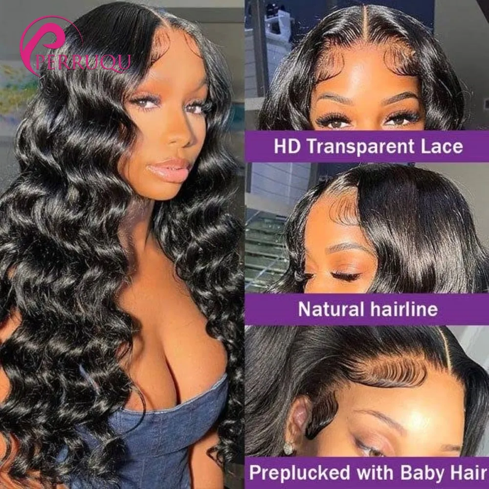 Loose Deep Wave Lace Front Perucas para mulheres negras, cabelo humano sem cola, pré arrancado com cabelo de bebê, 40 pol