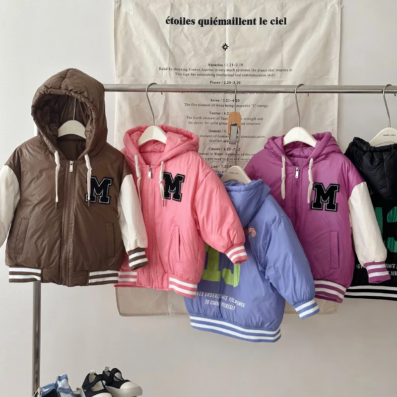 2023 Mode Brief Kinder Daunen Parkas Winter Kapuze Kinder Jacken für Mädchen Jungen weiße Ente Daunen verdicken warme Kinder Baseball jacke