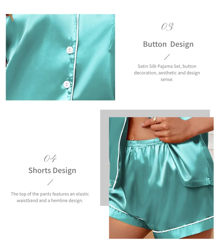Luxuriöser Satin-Pyjama für Damen, Umlegekragen, Knopfleiste und Shorts, Nachtwäsche und Loungewear für den Sommer, Heimkleidungsanzug – Detail 36