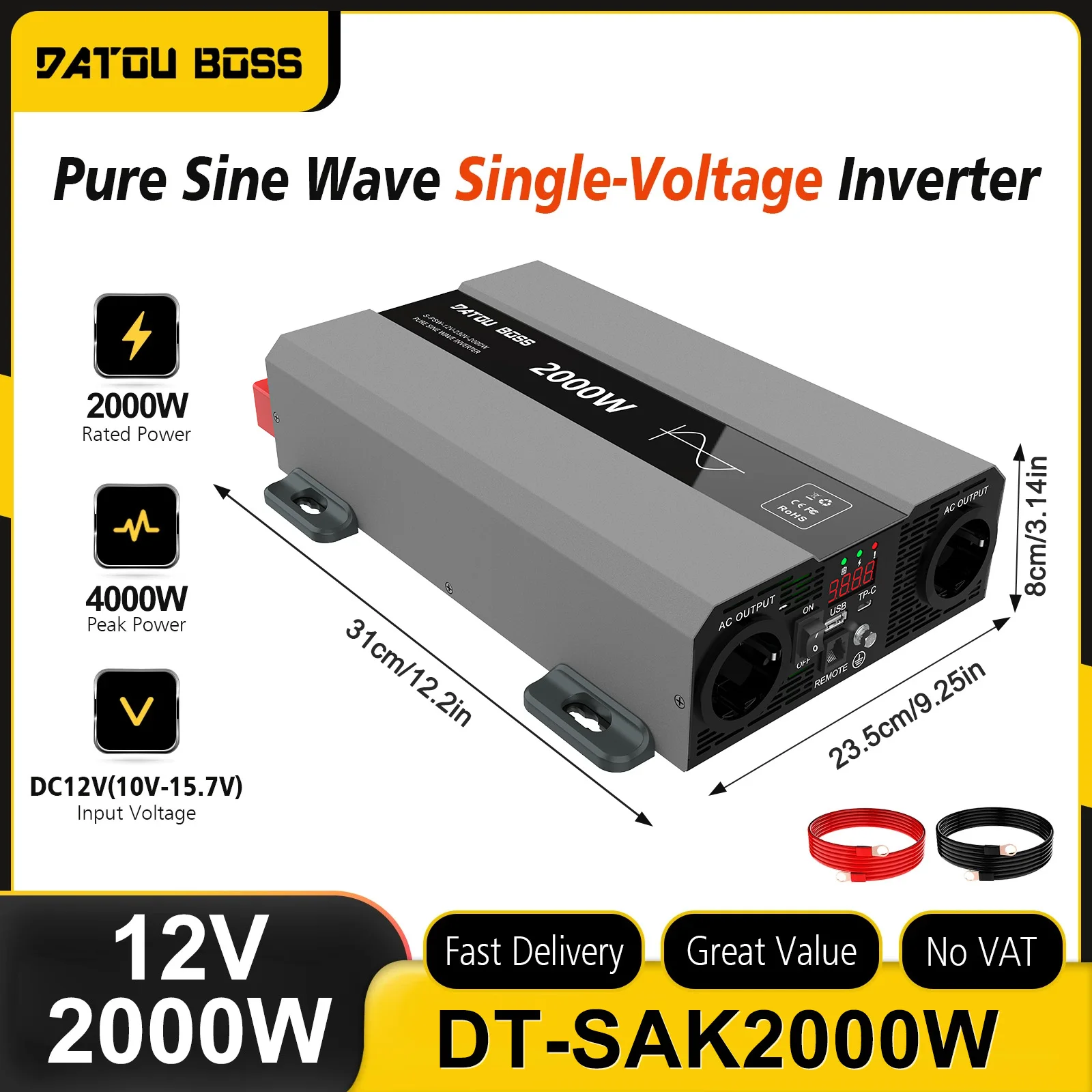 DATOUBOSS SAK Reiner Sinus-Wechselrichter für Autos – DC 12V Weitbereichs-Eingangsspannung auf AC 220V–240V Ausgang, 50Hz, 2000W, Tragbarer Spannungswandler für Haushaltsgeräte und den Außenbereich