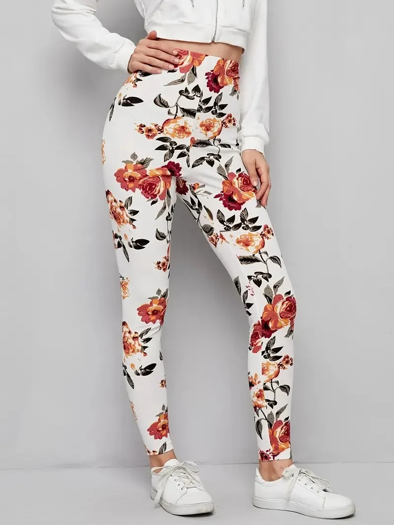 Floral print elastic elastic waist comfortable leggings women can wear daily, work, travel