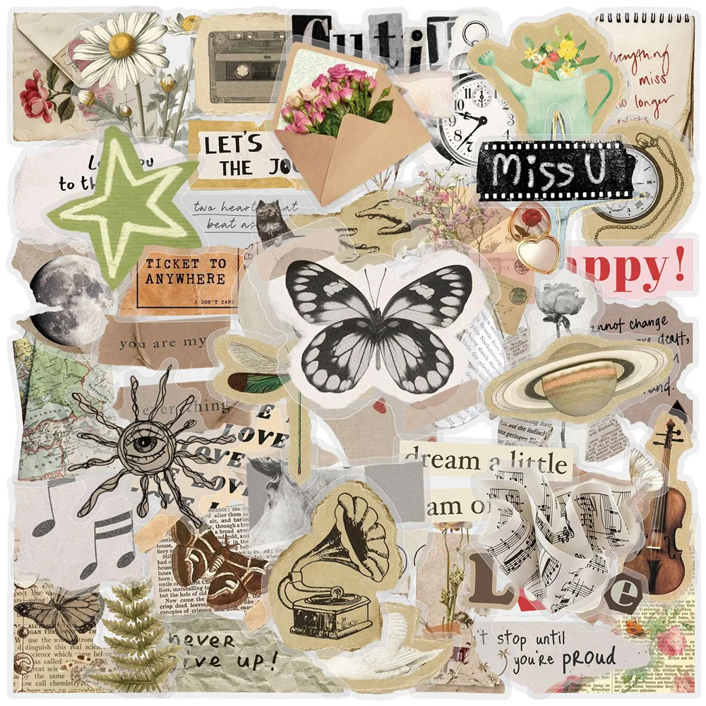 50 PCS Ins Style Artistic Mix Match Item Decals Decorate Hand Account Pencil Case Scrapbook Helmet Transparent Waterproof Decals