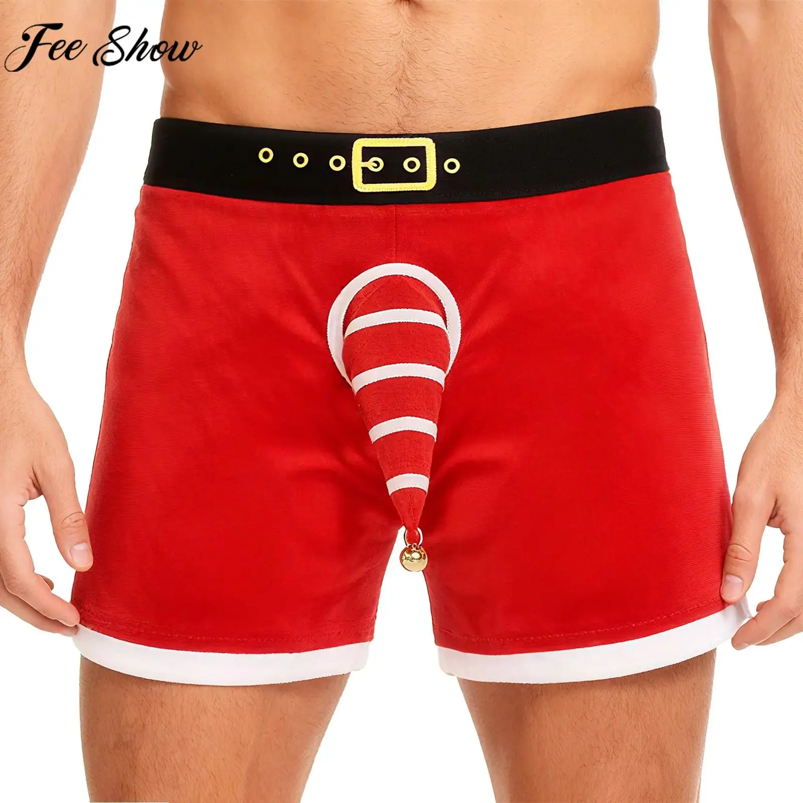 

Мужские рождественские шорты-боксеры, нижнее белье, эластичный пояс, полосатый чехол с колокольчиком, трусы Санта-Клауса, нижнее белье на Рождество, косплей, ночное белье