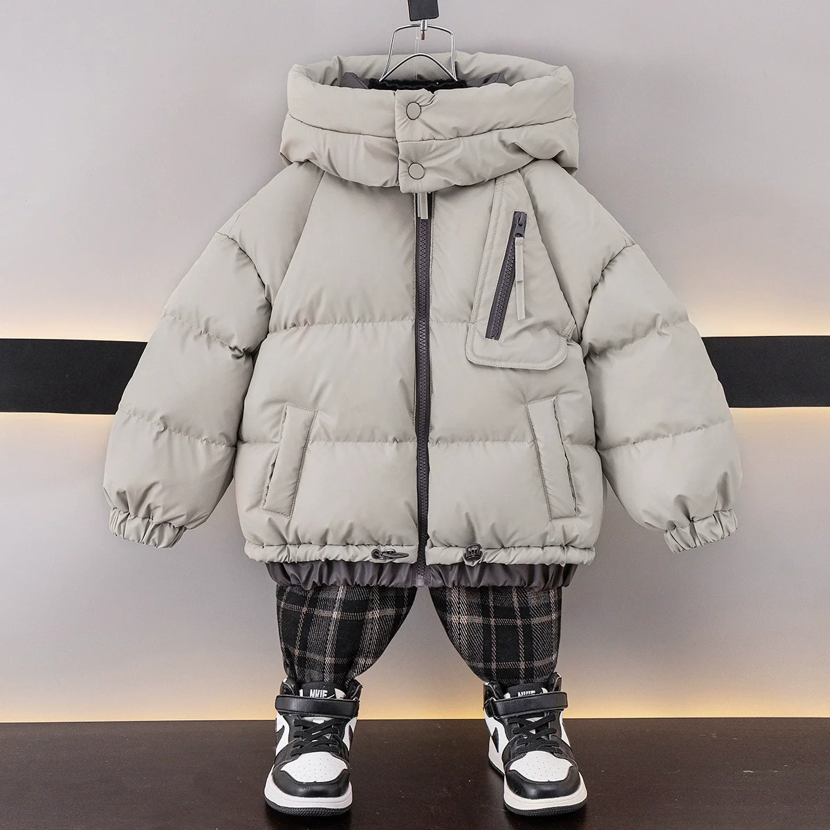 

Winter Warm Boys Cotton Lined Crop Patchwork Hooded Zip Puff Jackets School Kids Thick Coats Children Outfit Windbreaker 5-16 Yr