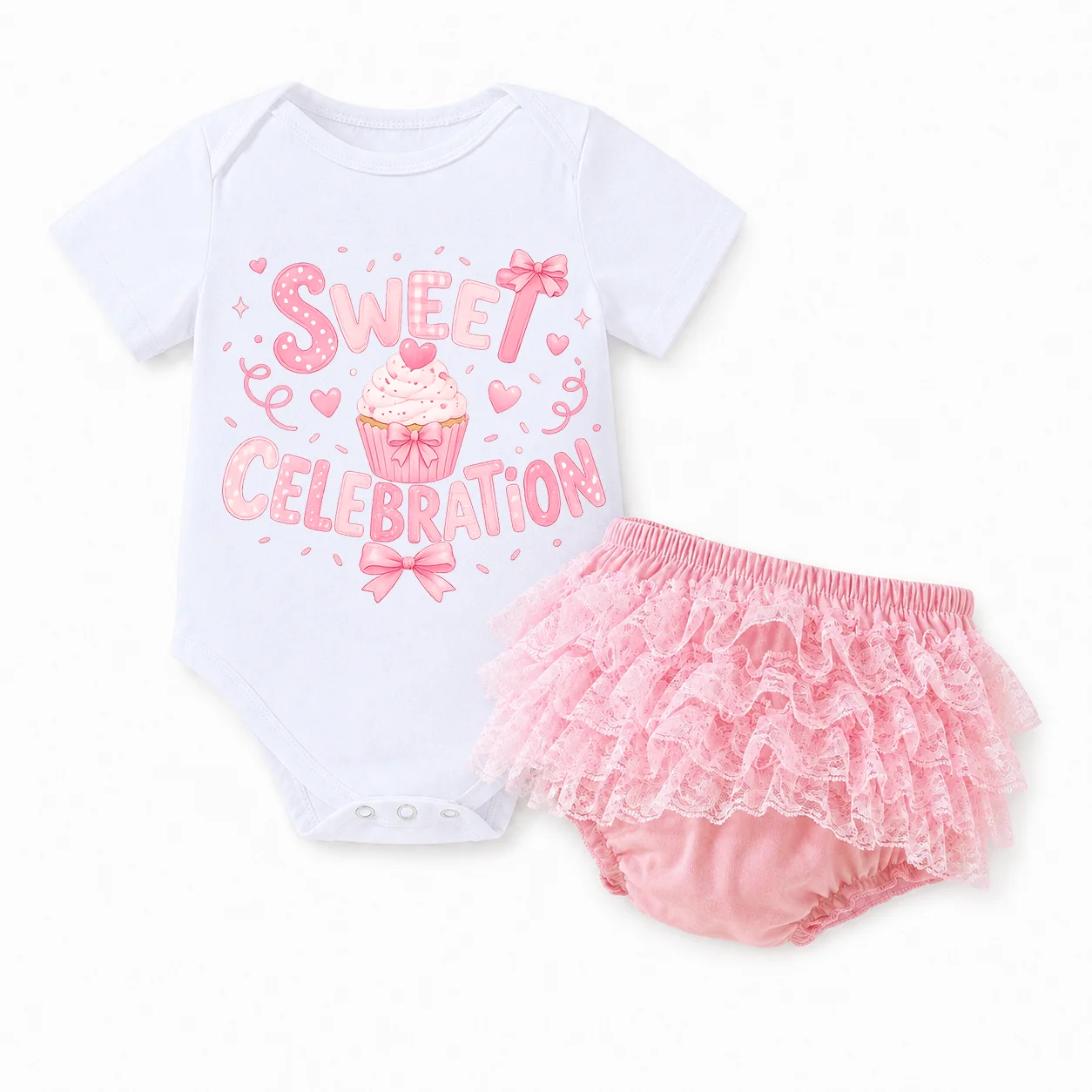 Baby Girl Sweet Celebration Outfit Set Cupcake Print Short Sleeve Bodysuit Pink Lace Tutu Skirt Toddler 1st Birthday Party Photo
