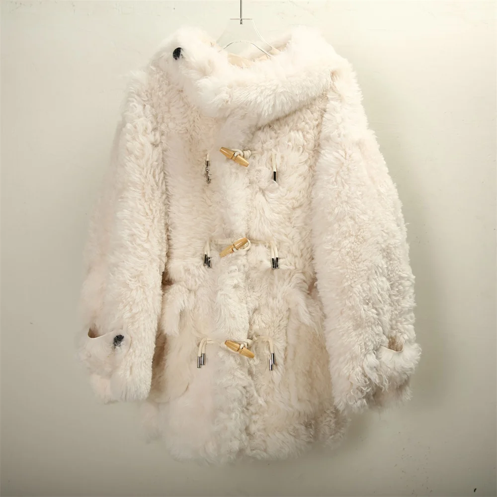 

2023 Women Thick Warm Winter Beige Bazaar Lamb Fur Clothes Ladies Hooded Natural Fur Jackets