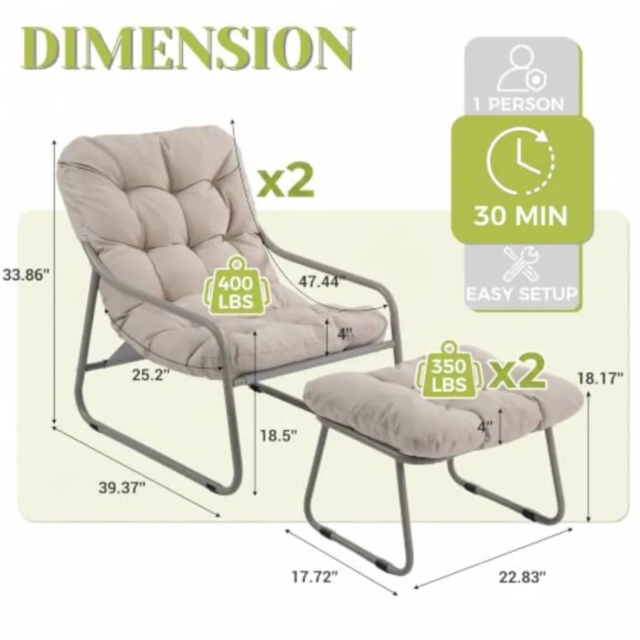 Outdoor Lounge Chairs with Ottoman 2 for Balcony: Aluminum Frame, Gray Fabric, Weather-Resistant Foldable