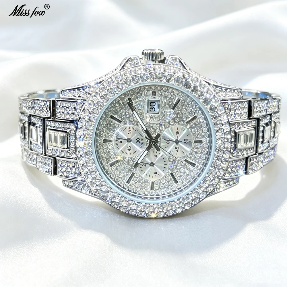 Hot Fashion Full Diamond Watch Men MISSFOX Brand Hip Hop lced Out Bling Jewelry Quartz Wristwatch For Man Dropshipping Hot Sale