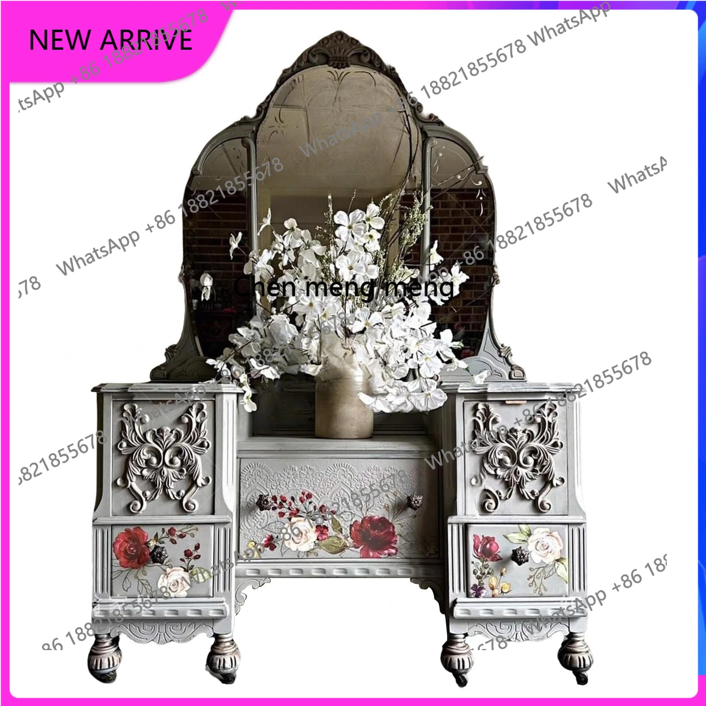 

French retro carved solid wood painted dresser small apartment household bedroom makeup table H