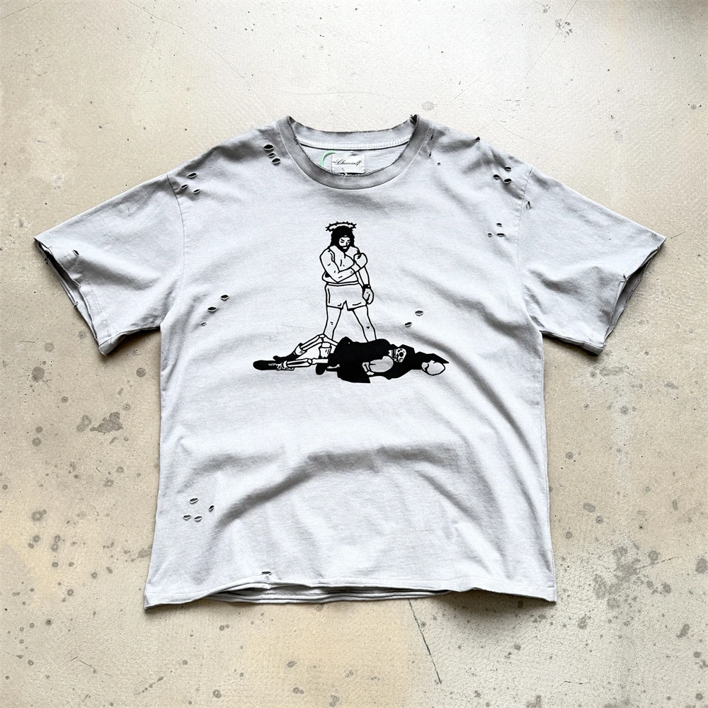 Hole Boxer Print Washed Saint T-Shirts Men Women High Quality Tee Vintage T Shirt
