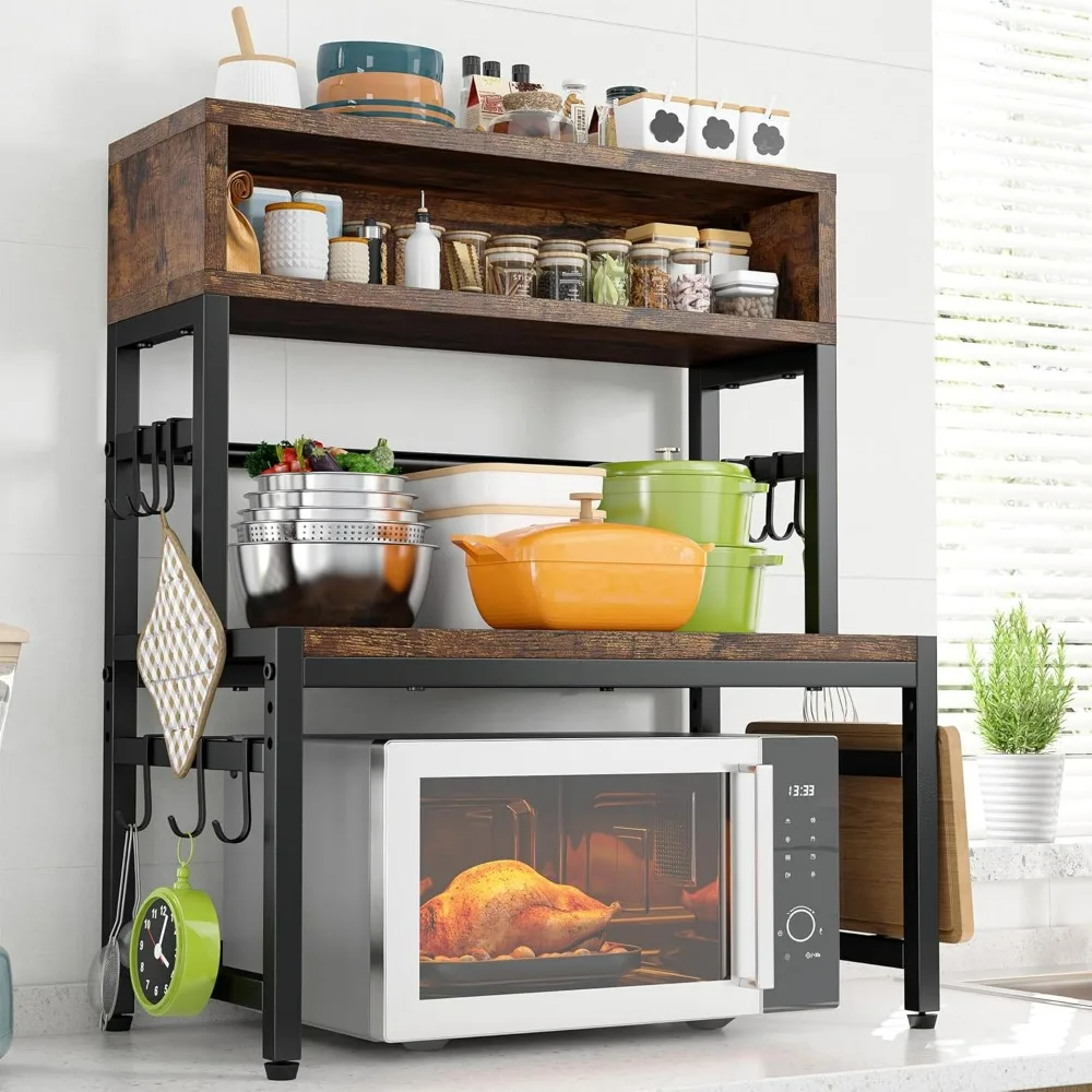 EnHomee 4-Tier Microwave Stand Brown 205LBS Load 9 Hooks Adjustable Kitchen Shelves Countertop Storage Microwave Oven Rack