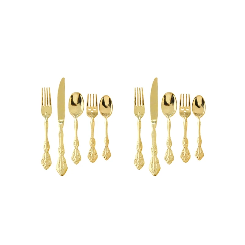 

1:6 Dollhouse Mini Tableware Model Accessories 10 Piece Restaurant Cutlery/Knife And Fork For Doll House Decors Gold