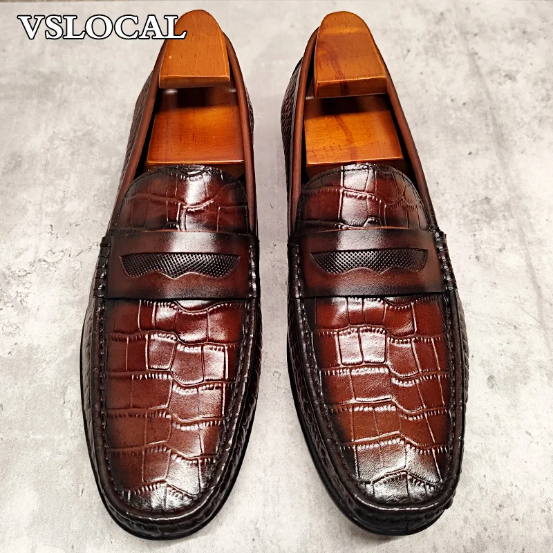 

Luxury Brand Men Leather Shoes Black Brown Slip On Croco Print Casual Mens Dress Shoes Office Wedding Banquet Loafer Men
