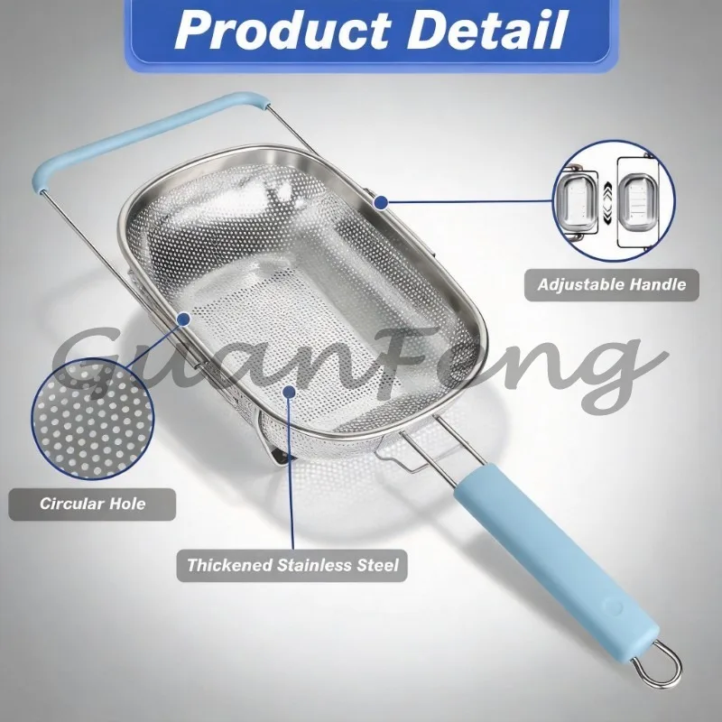 Over‑Sink Stainless Steel Colander With Telescopic Handle, Metal Mesh Fruit Vegetable Washing Strainer Basket