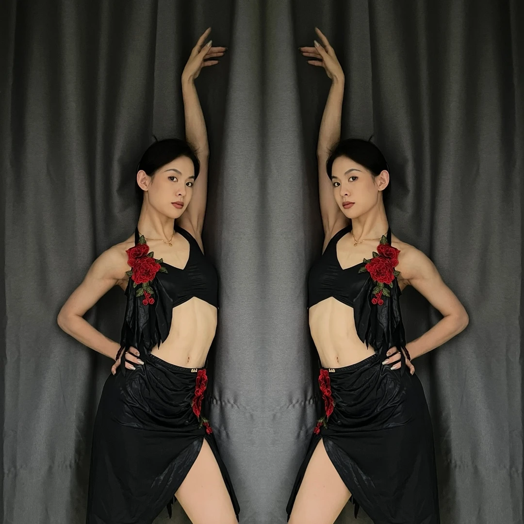 Nouveau Costume de danse latine femmes Rose hauts jupe fendue Rumba Cha Cha Tango danse Performance pratique vêtements pratique Costume BL16846