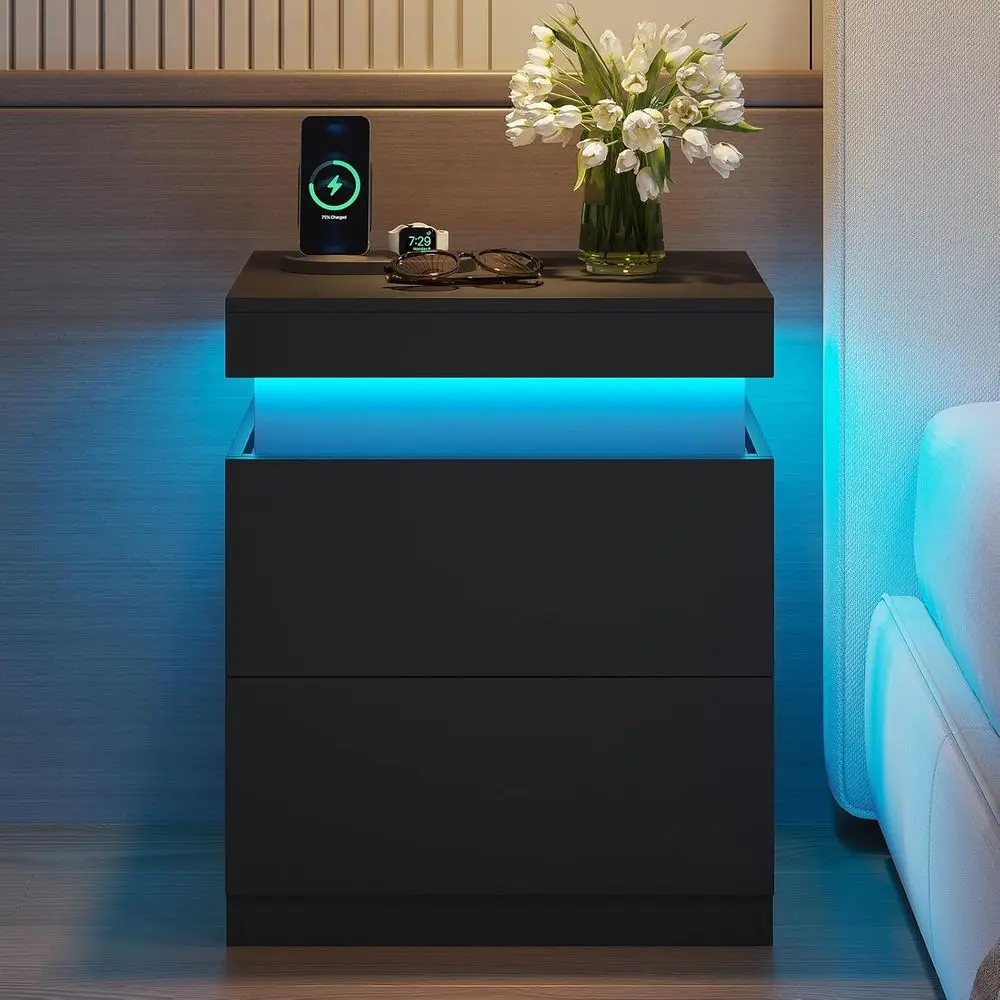 

Black Nightstand Charging Station LED Lights Sliding Top Drawers Bedroom End Table, Customized bedroom furniture small cabinet