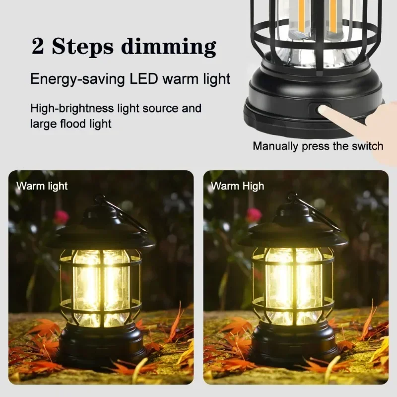 Vintage Camping Lantern 3*AA Battery Powered 300 Lumen Tent Light 360° Outdoor Warm Lighting 2 Modes Portable Emergency Lamp