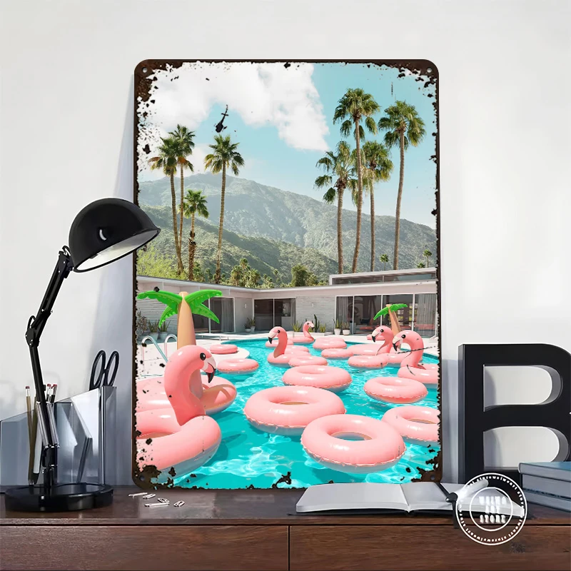 Flamingo Pool Party Lightly 3D Tin Poster Customized Wall Art Vintage Metal Signs for Fans Room Home Decor Items House Wand Deko