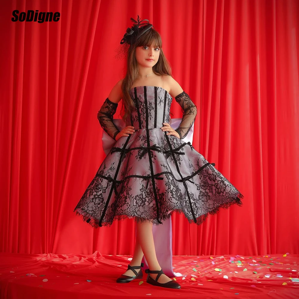 

SoDigne A-line Lace Flower Girl Dress Strapless Elegant Party Girl Gowns with Bow Detachable Sleeves Birthday Dresses Customized