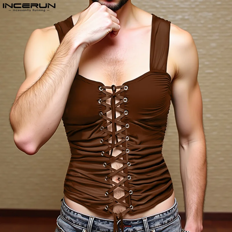 

INCERUN Men Tank Tops Solid Color Pleated Sleeveless Lace Up Hollow Out Sexy Male Vests Streetwear Summer 2025 Fashion Crop Tops