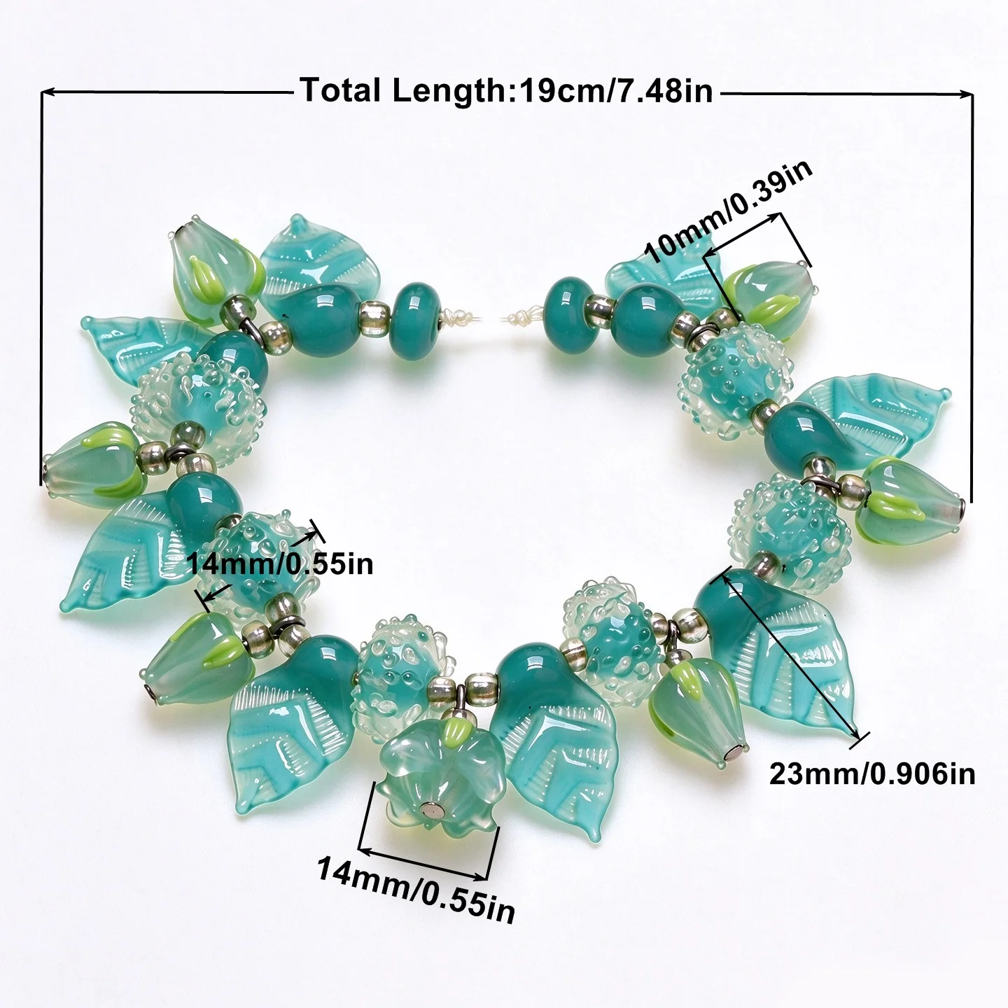 2 Styles Handmade Lampwork Glass Beads Turquoise Green Leaf 3D Flower Bud Art Glass Bracelet DIY Accessories Jewelry For Women