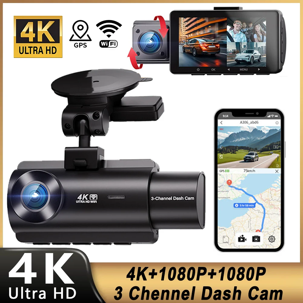 3 Channel 4K Dash Cam Front Inside Rear Three Way Car Dash Camera, 4K+1080P Dual Channel With GPS WiFi IR Night Vision Camcorder