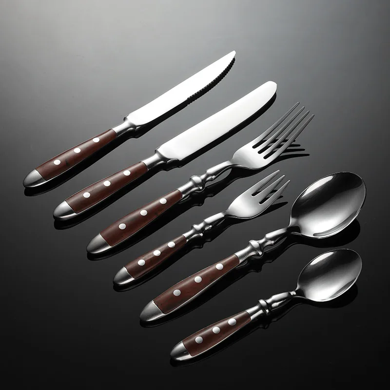 

Western Stainless Steel Cutlery Set Rivet Wooden Handle Dinnerware Steak Knife Dining Fork Spoon Kitchen Tableware