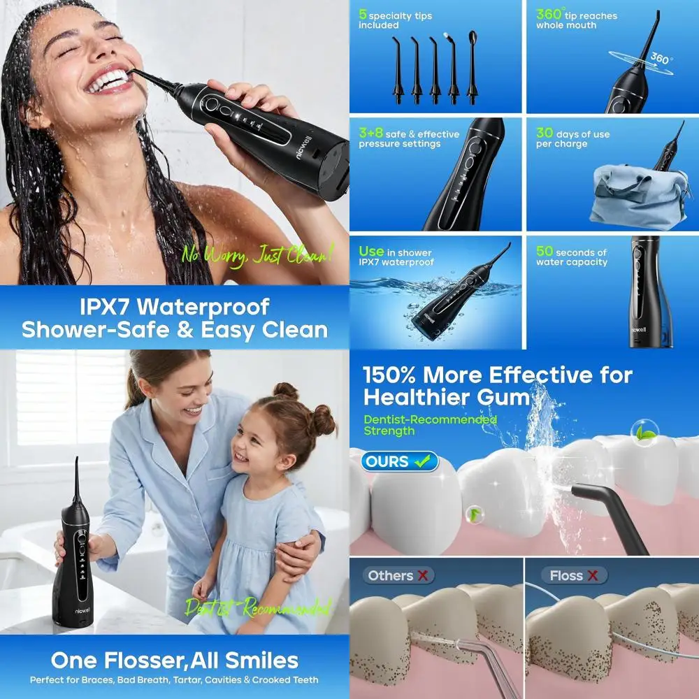 

Portable Cordless Water Flosser - 4 Modes, 11 Pressure Settings, Waterproof, Rechargeable with 5 Tips for Deep Cleaning & Travel