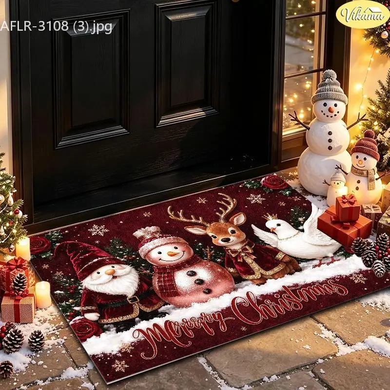 VIKAMA Burgundy Gnome Snowman Dove Entryway Rug Non Slip Low Profile Mats for Outside Front Door Xmas Winter Decor Soft