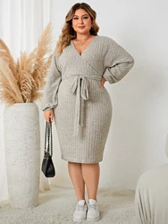 Women's Ribbed Knit Belted Dress Long Sleeve Midi Dresses Plus Size Surplice Neck Tie Back, Casual Spring Fall New 2023