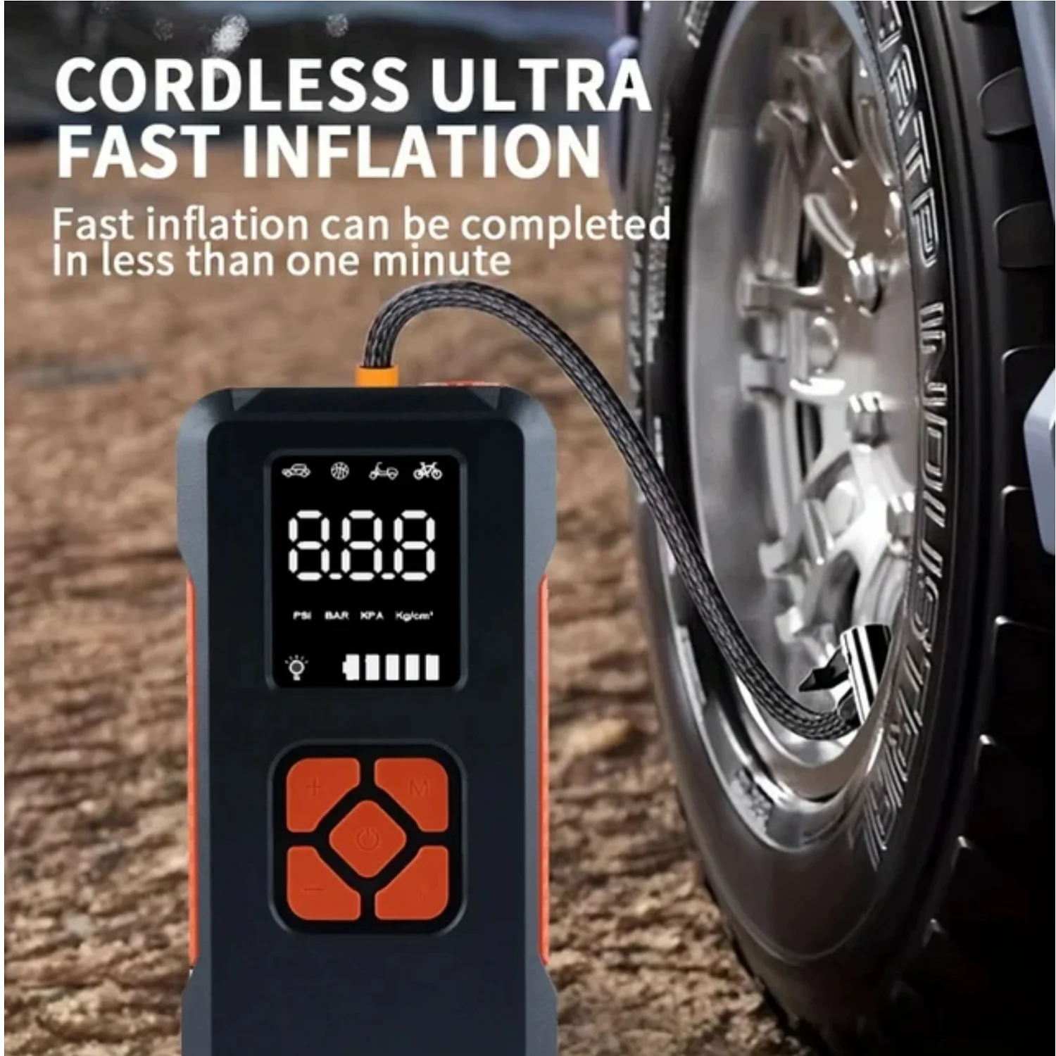 MD02 2-in-1 Cordless Tire Inflator/Power on, 10.0Ah 150PSH Air Compressor,Emergency LED Light,Compact Air Pump for Car & Bike view 4