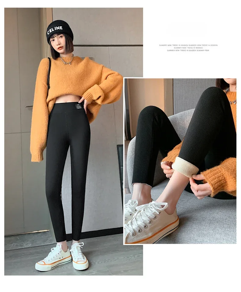 Winter-Leggings, dicke Thermohose, hoch taillierte Leggings, Damen-Leggings mit Gewinde, bequeme Stretch-Leggings, schwarz, dünn – Detail 17