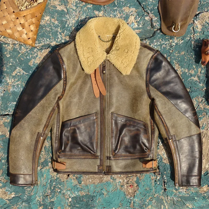 Tailor Brando Original Sheep Shearling Jacket American Vintage Classic Pilot Jacket Men's Warm Genuine Leather Fur Jacket