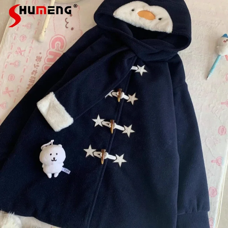 

Japanese Cute Woolen Jacket Winter New Navy Blue Padded Scarf Hat Integrated Cartoon Penguin Woolen Long Sleeves Coat For Women