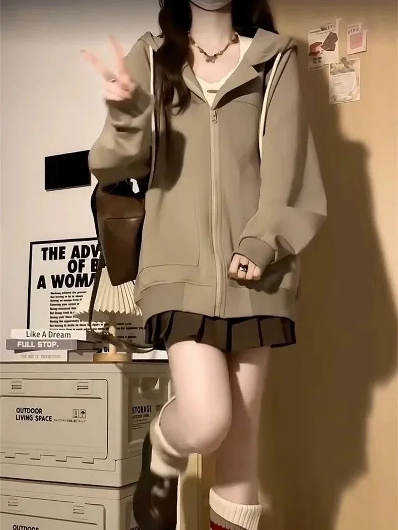 Autumn Winter Korean Vintage Harajuku Hoodie Solid Zippered Cardigan Hoodie Women's Loose College Style Jacket Sweatshirt Y2k