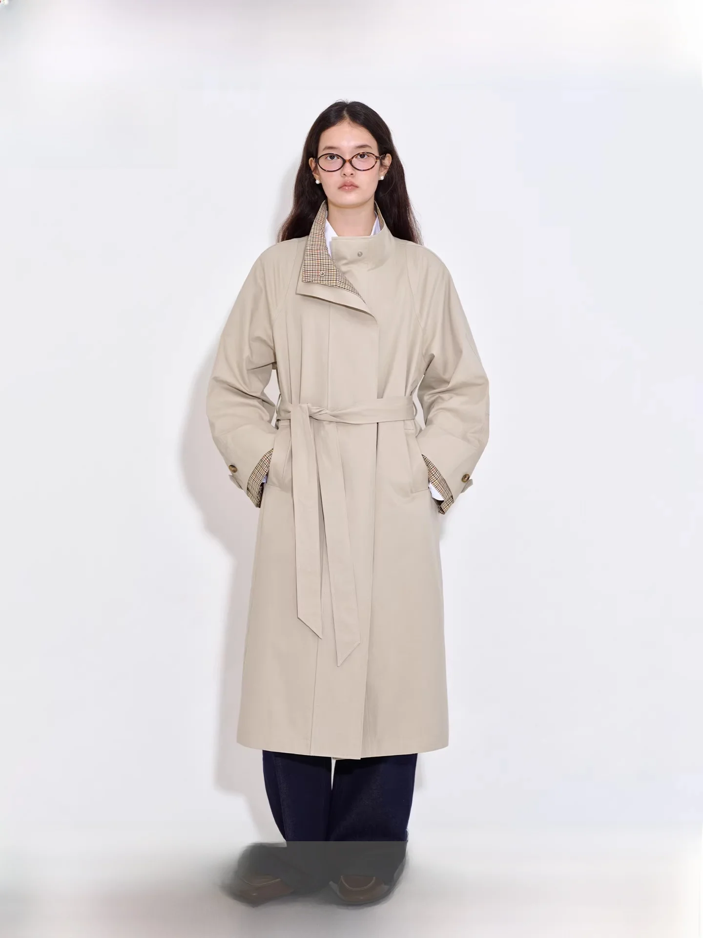 

Fano Long Plaid Split Line Special Fake Two-Piece Coat Women's Spring Casual Versatile Straight Cotton Korean Sle Windbreaker